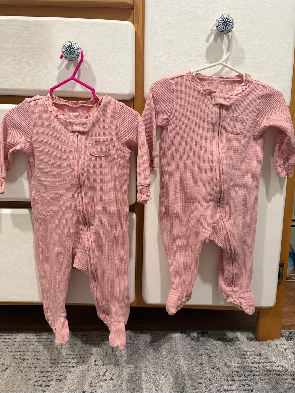 Twin set. Carters Pink Baby One-Piece Footed Romper - Soft Long Sleeve